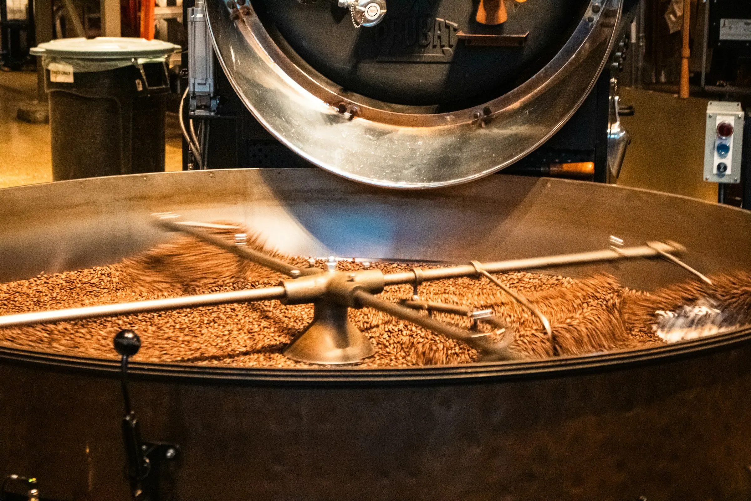 Chicchi di caffè nel cilindro di raffreddamento di una tostatrice in torrefazione